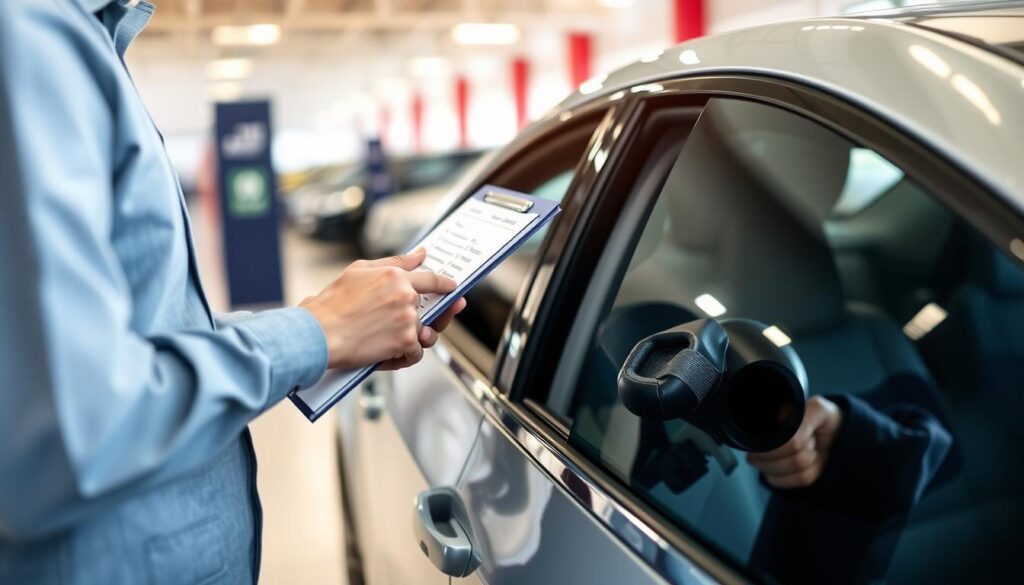 Person carefully inspecting rental car with checklist