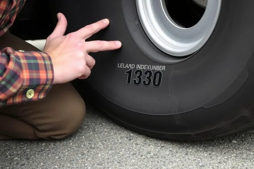 Person checking tire sidewall for load index number Person checking tire sidewall for load index number