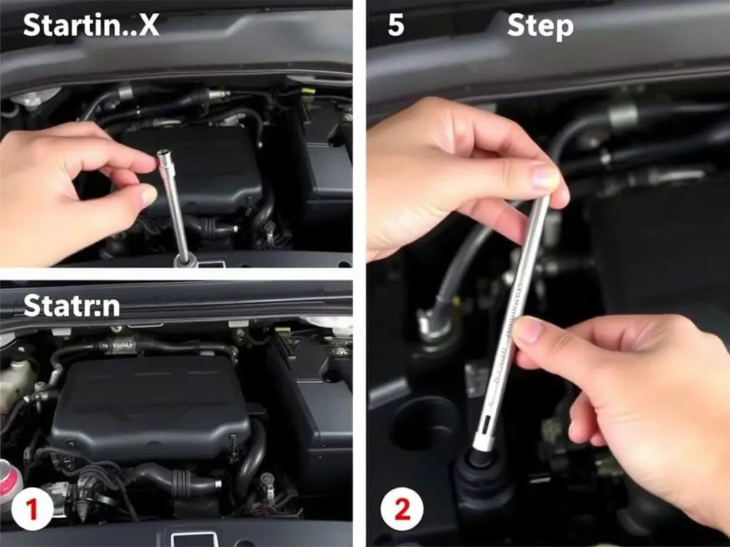Person checking transmission fluid level in GMC Acadia with dipstick Person checking transmission fluid level in GMC Acadia with dipstick