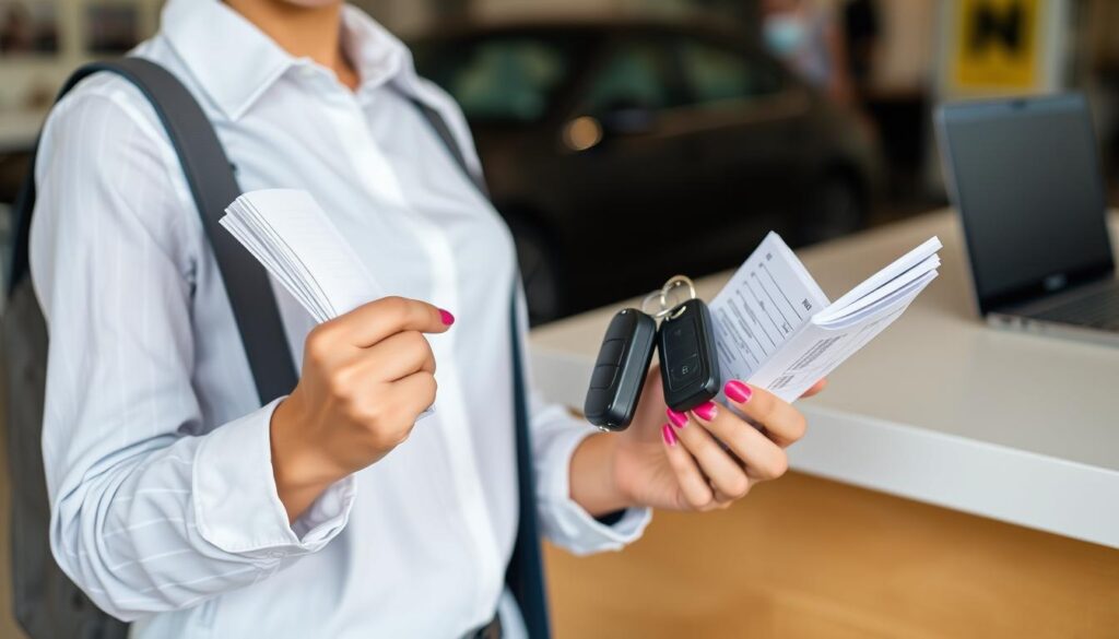 Person confidently returning rental car keys with documentation in hand
