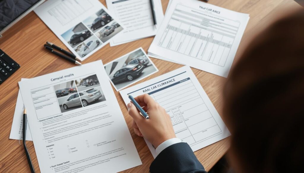 Person filling out rental car damage claim form