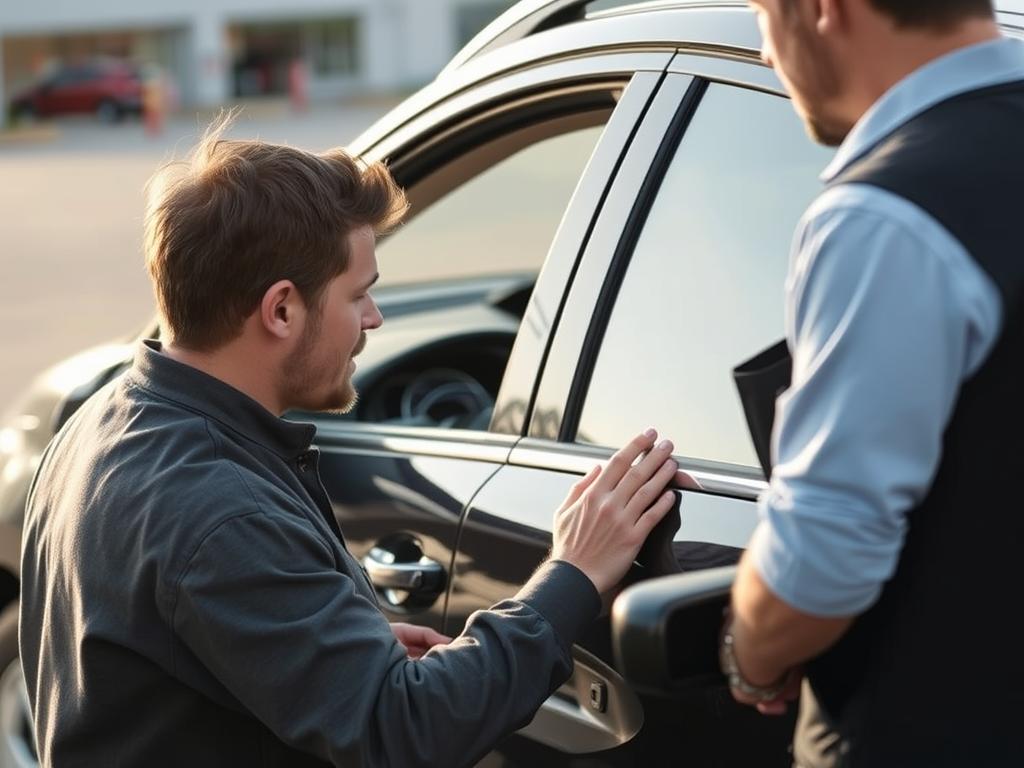 Person inspecting rental car exterior before rental