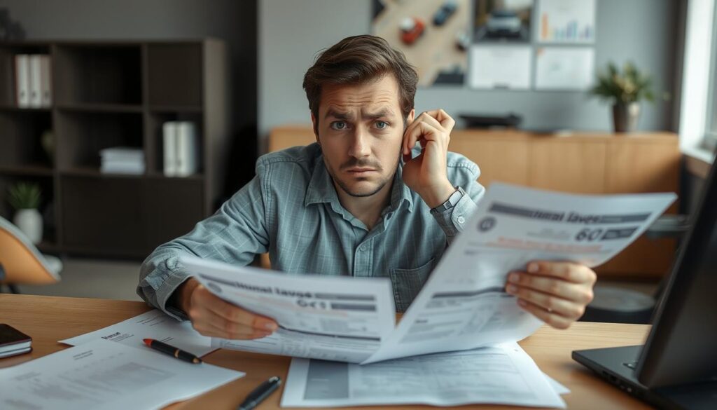 Person looking confused while examining rental car damage paperwork