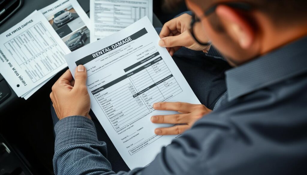 Person reviewing rental car damage charges with documentation