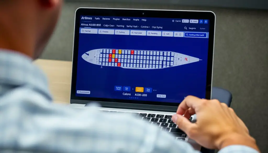 Person selecting seats on an airline website for an Airbus A380-800 flight Person selecting seats on an airline website for an Airbus A380-800 flight