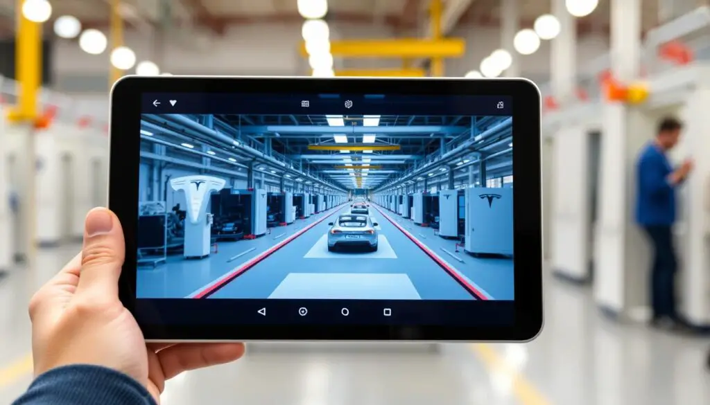 Person watching a virtual Tesla factory tour on a tablet device