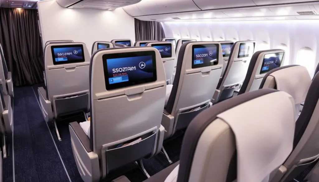 Premium economy cabin on an Airbus A380-800 showing wider seats and increased legroom Premium economy cabin on an Airbus A380-800 showing wider seats and increased legroom