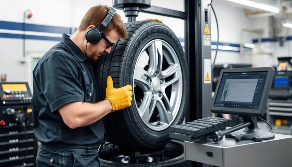 Professional tire technician using advanced mounting equipment Professional tire technician using advanced mounting equipment