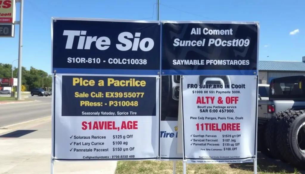 Promotional tire service sign advertising package deals and discounts Promotional tire service sign advertising package deals and discounts