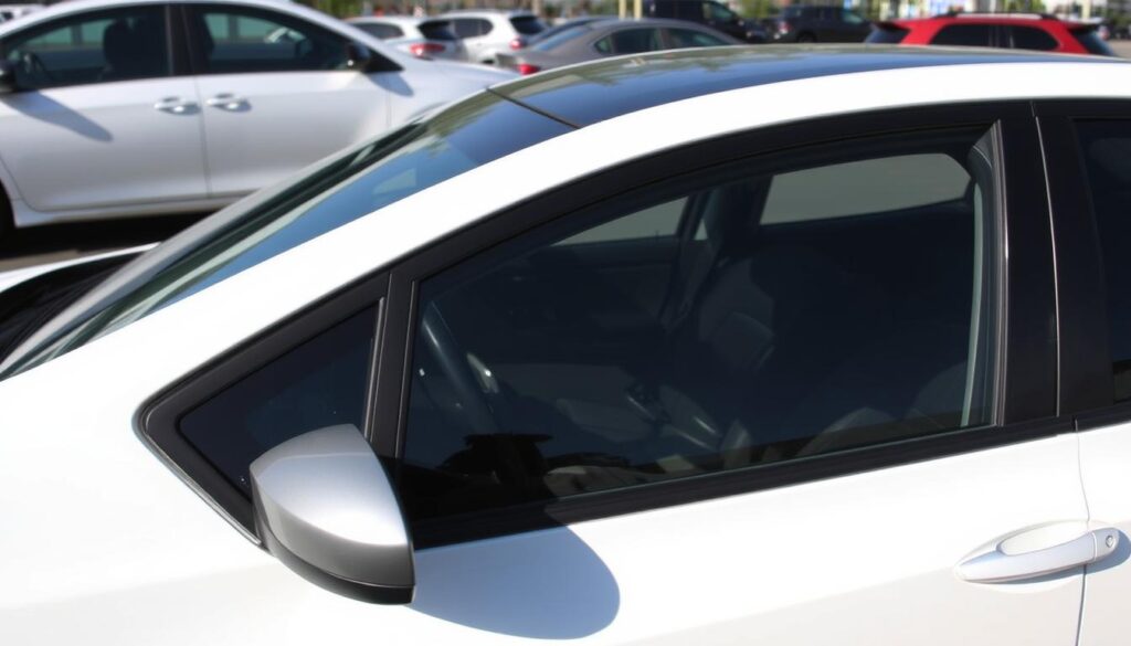 Rental car with minor door dent in parking lot