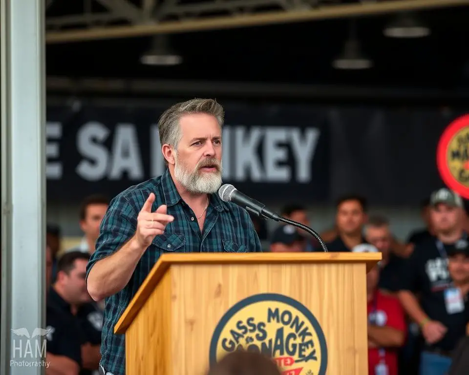 Richard Rawlings addressing fans at an automotive event after controversy