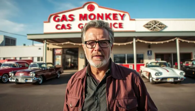 Richard Rawlings standing in front of Gas Monkey Garage with classic cars