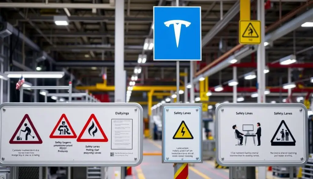 Safety signage and protocols visible in a Tesla factory manufacturing area