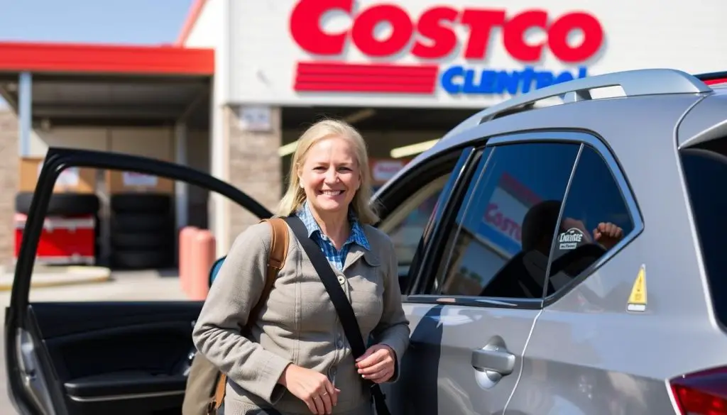 Satisfied customer leaving Costco tire center with new tires installed Satisfied customer leaving Costco tire center with new tires installed
