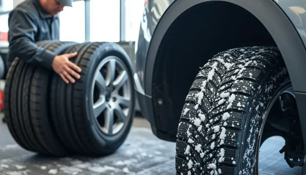 Seasonal tire change showing winter tires being mounted Seasonal tire change showing winter tires being mounted