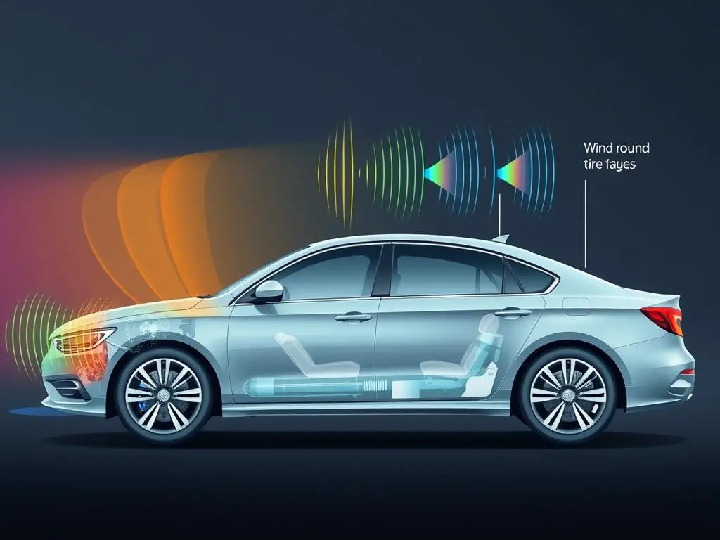 Sound waves emanating from different parts of a vehicle showing various noise sources in NVH Sound waves emanating from different parts of a vehicle showing various noise sources in NVH