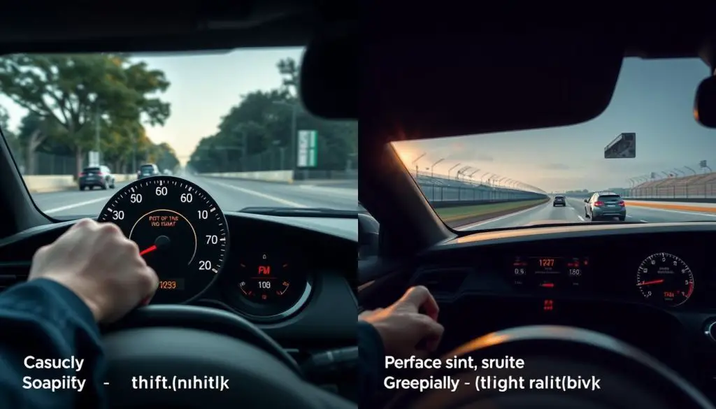 Split image showing casual city driving and performance track driving with RPM shift points highlighted Split image showing casual city driving and performance track driving with RPM shift points highlighted