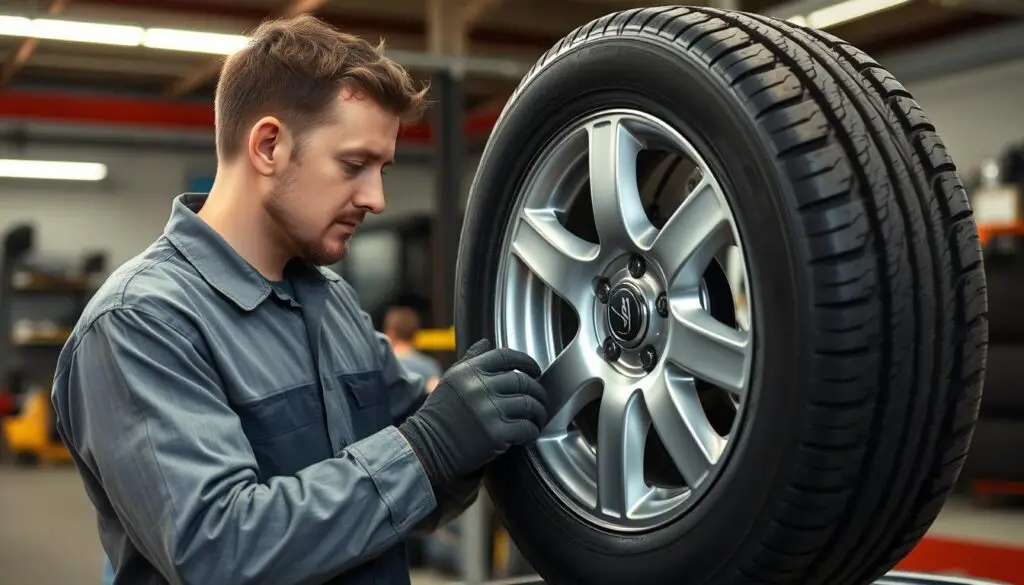 Technician inspecting tire for warranty coverage eligibility Technician inspecting tire for warranty coverage eligibility