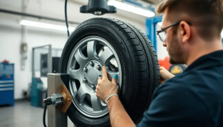 Technician mounting a tire on a wheel using professional equipment