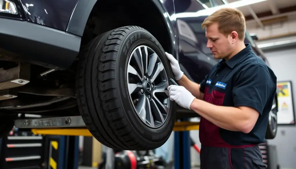 Technician performing tire rotation to maintain warranty eligibility Technician performing tire rotation to maintain warranty eligibility