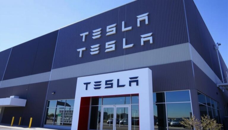 Tesla Fremont Factory exterior with Tesla logo prominently displayed