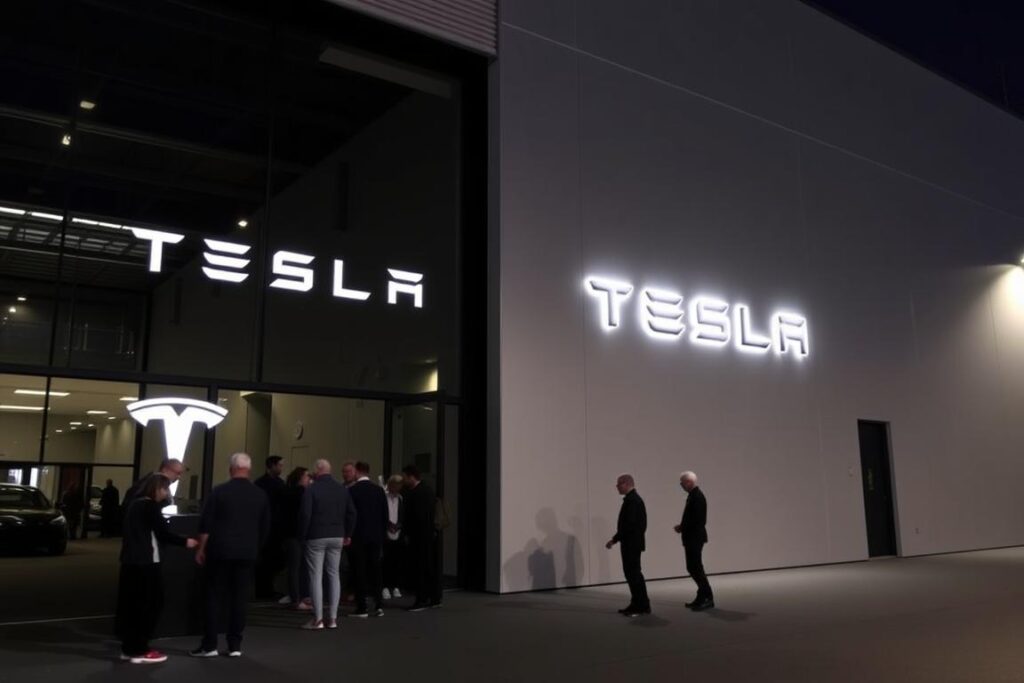 Tesla Giga Berlin factory exterior with visitors entering for a tour