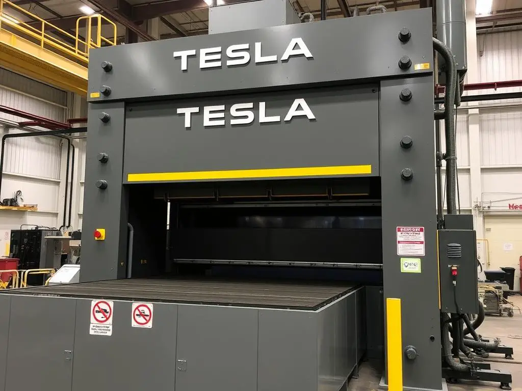 Tesla Giga Press machine with restricted area signage visible