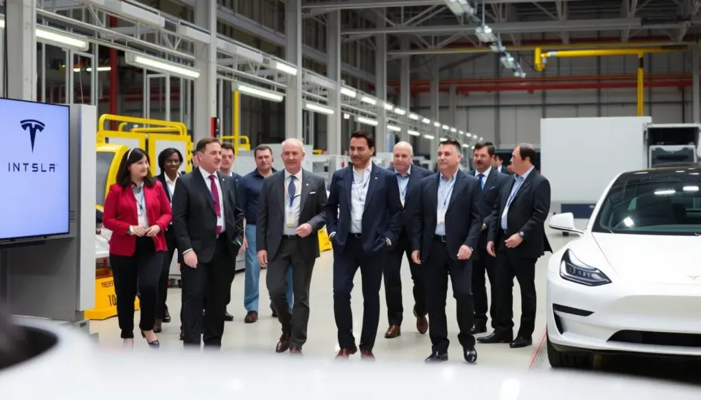 Tesla investor event with attendees touring a section of the factory