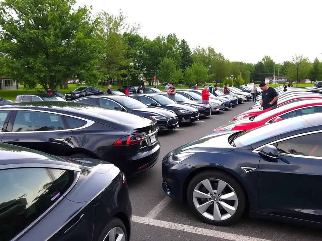 Tesla owners club meeting with multiple Tesla vehicles parked together