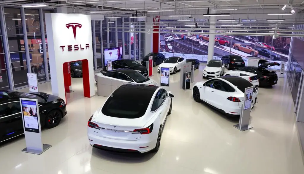 Tesla showroom with multiple vehicle models on display and interactive exhibits