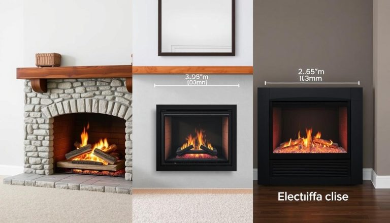 Three main types of fireplaces: wood-burning, gas, and electric with dimensional callouts