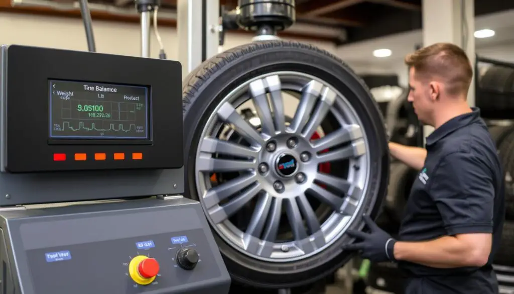 Tire balancing machine in operation during full tire installation Tire balancing machine in operation during full tire installation