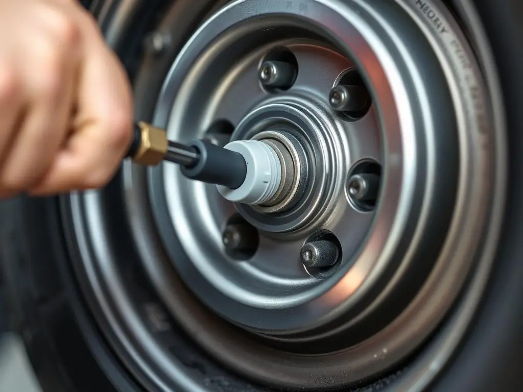 Tire valve stem being installed during the mounting process Tire valve stem being installed during the mounting process