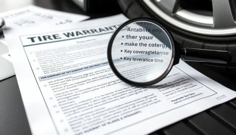 Tire warranty coverage document with magnifying glass highlighting coverage details