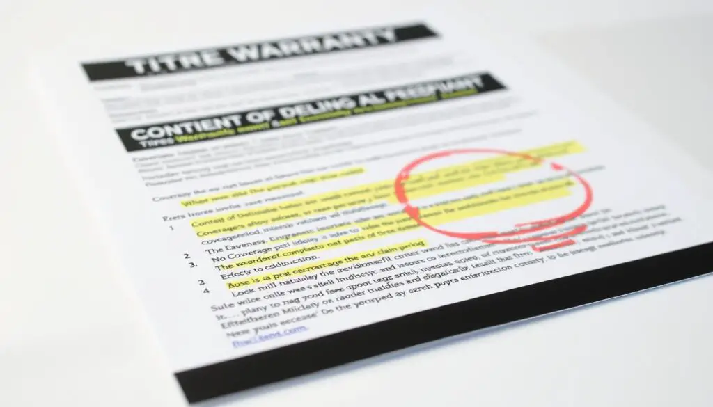 Tire warranty document with key sections highlighted Tire warranty document with key sections highlighted