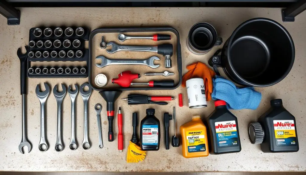 Tools needed for 2008 Chevy Colorado oil change including wrench, oil filter wrench, and drain pan
