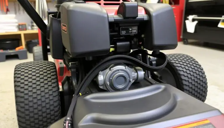 Toro self-propel lawn mower with exposed drive system showing belt and transmission components