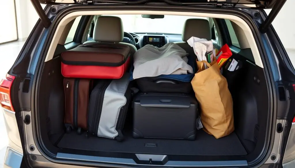 Toyota RAV4 trunk loaded with common items like suitcases, golf bags and groceries Toyota RAV4 trunk loaded with common items like suitcases, golf bags and groceries