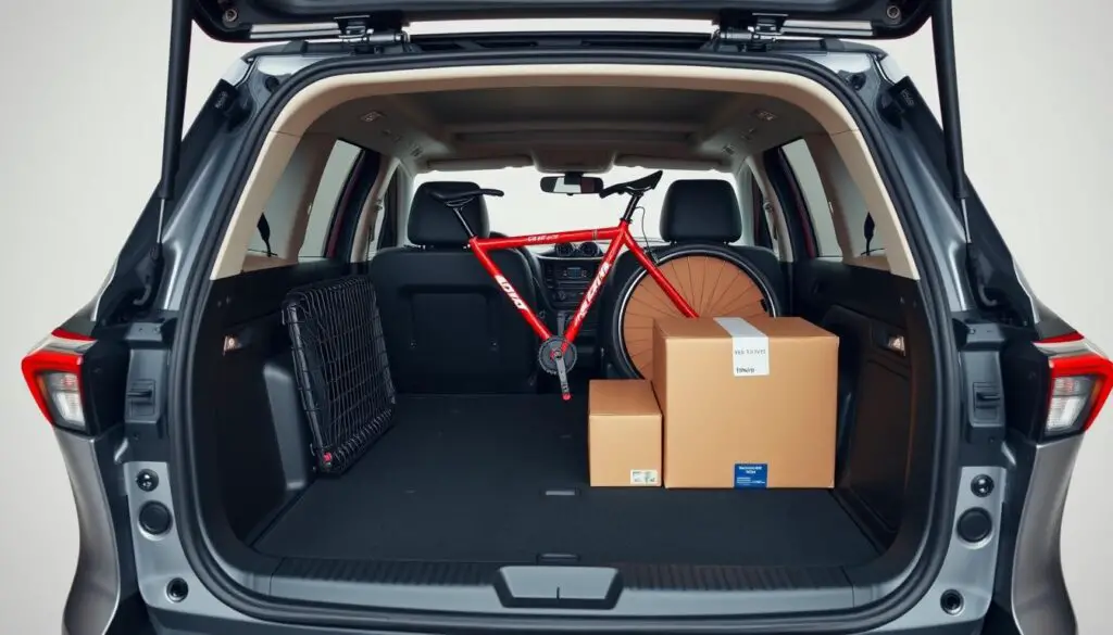 Toyota RAV4 with rear seats folded showing maximum cargo capacity of 69.8 cubic feet Toyota RAV4 with rear seats folded showing maximum cargo capacity of 69.8 cubic feet