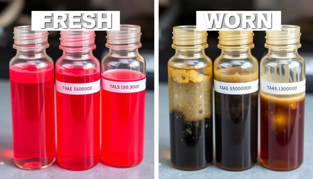 Transmission fluid color comparison showing fresh vs worn fluid