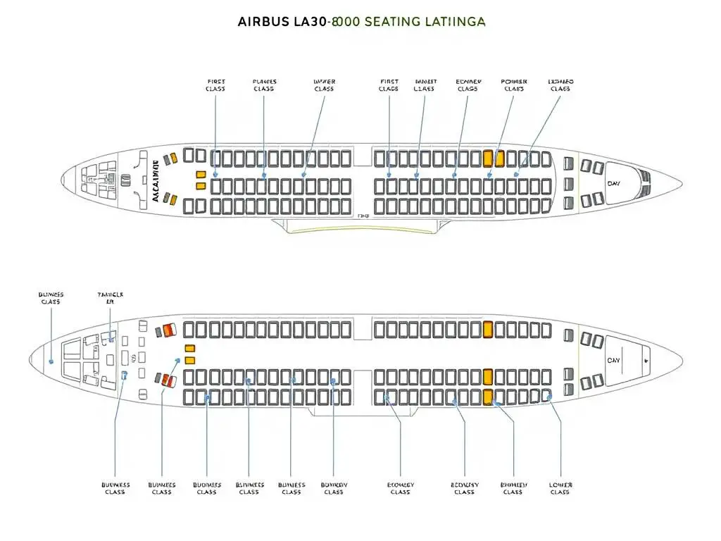 Typical Airbus A380-800 seating layout diagram showing both decks Typical Airbus A380-800 seating layout diagram showing both decks