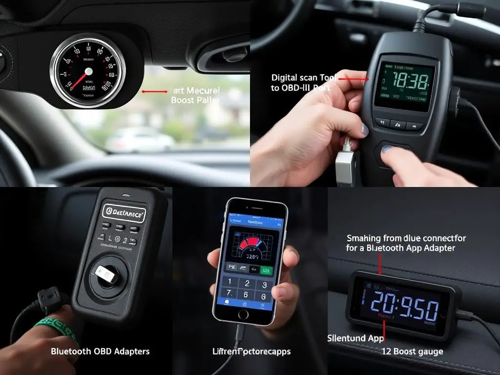 Various tools for measuring turbo boost pressure including mechanical gauges and digital scanners