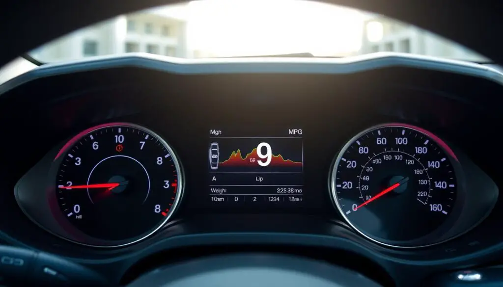 Vehicle fuel economy display showing how gasoline weight affects performance Vehicle fuel economy display showing how gasoline weight affects performance