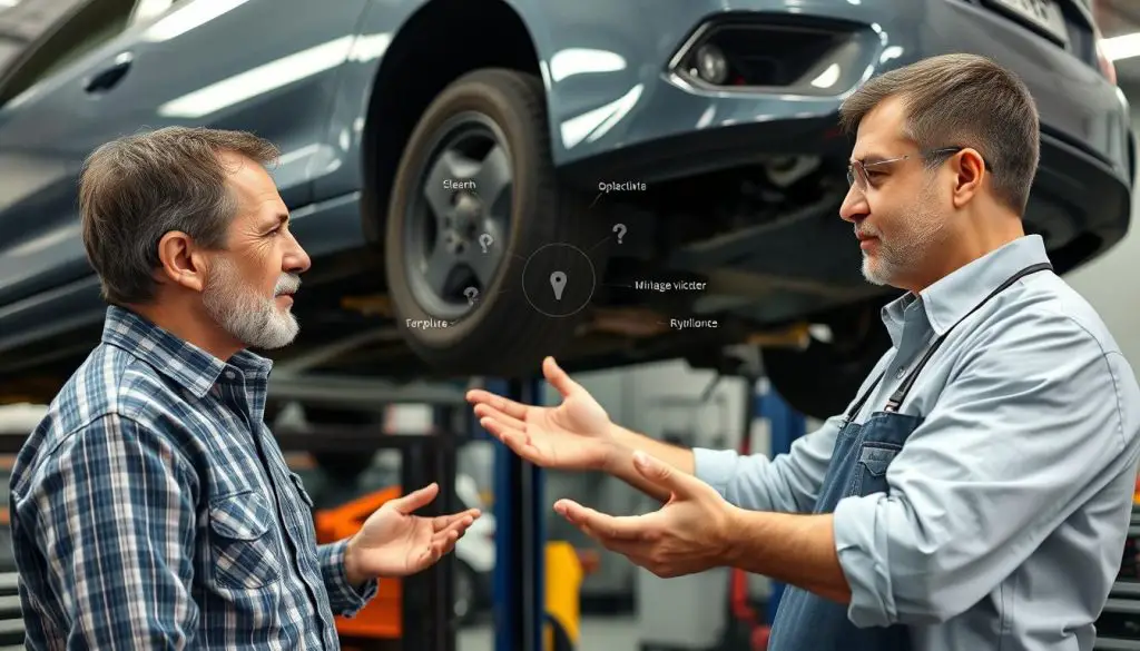 Vehicle owner examining NVH issues with a mechanic during maintenance Vehicle owner examining NVH issues with a mechanic during maintenance