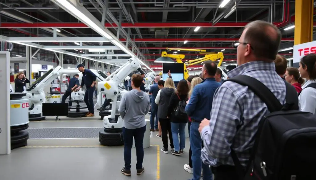 Visitors on a guided Tesla factory tour observing vehicle assembly