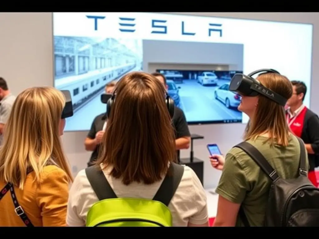 Visitors using virtual reality headsets to experience a virtual Tesla factory tour