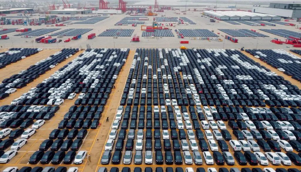 Aerial view of a vehicle distribution center with rows of new cars Aerial view of a vehicle distribution center with rows of new cars
