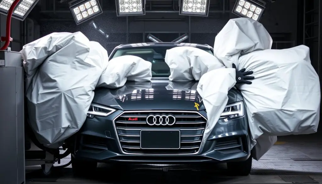 Audi airbag deployment during crash test demonstrating restraint system importance Audi airbag deployment during crash test demonstrating restraint system importance