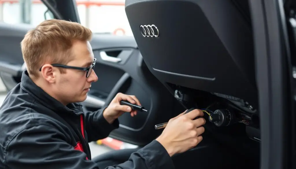 Audi technician performing preventive maintenance on restraint system Audi technician performing preventive maintenance on restraint system