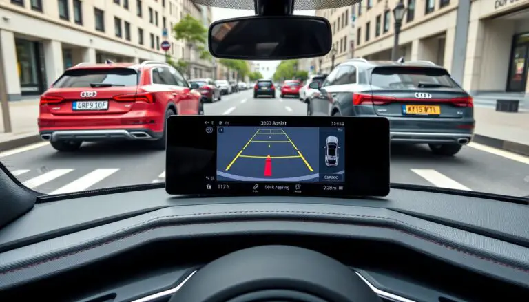 Audi vehicle using Park Assist Plus to parallel park in a tight urban space